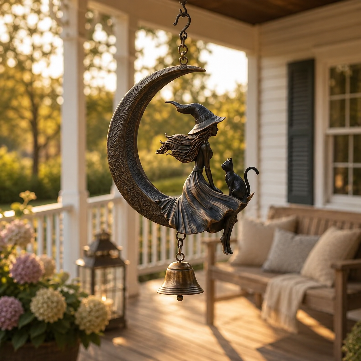 Witch & Cat Crescent Moon Hanging Bell Decor