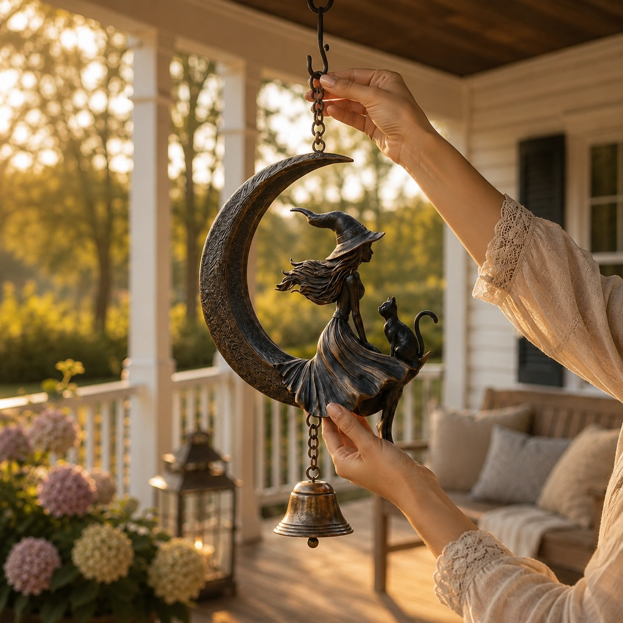 Witch & Cat Crescent Moon Hanging Bell Decor
