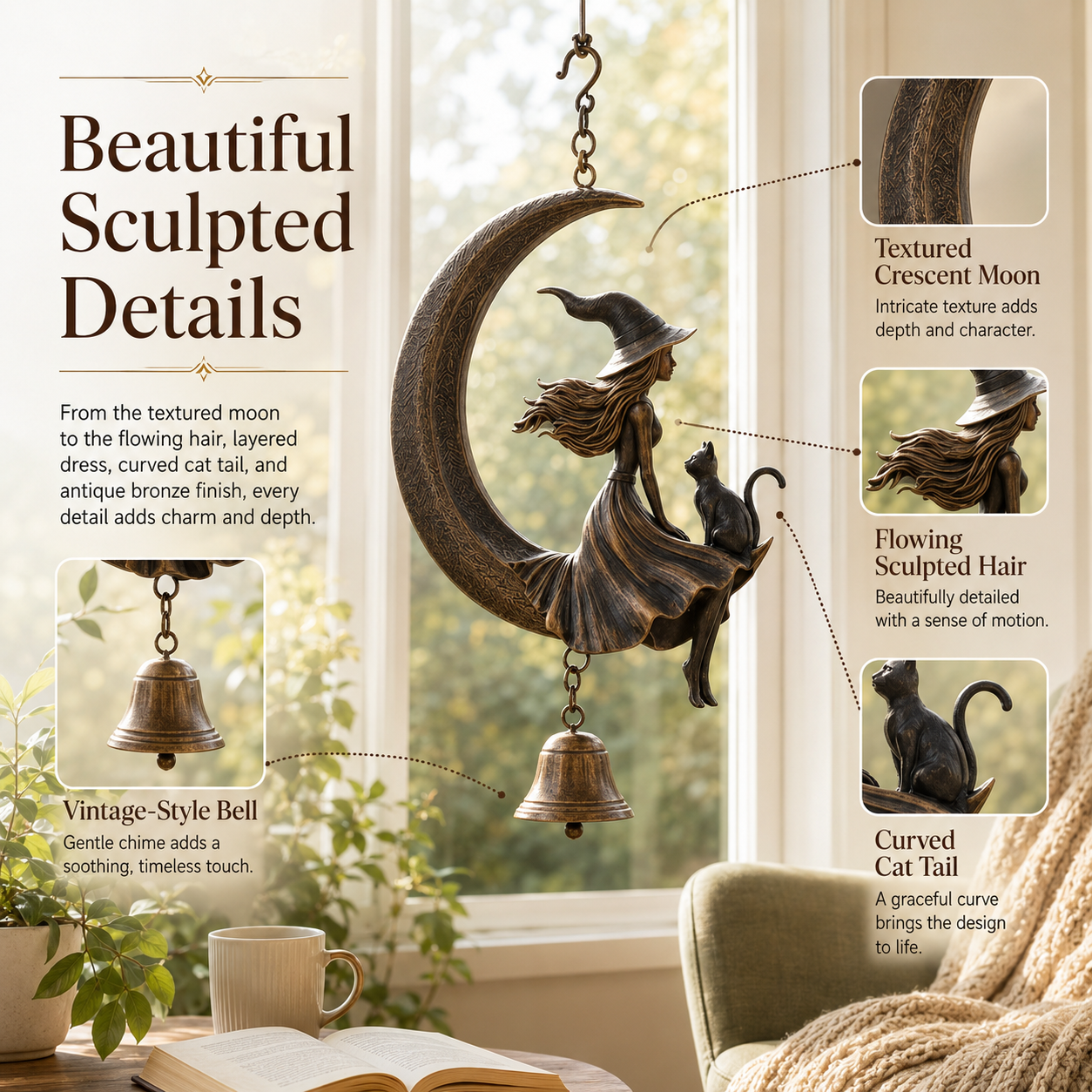 Witch & Cat Crescent Moon Hanging Bell Decor