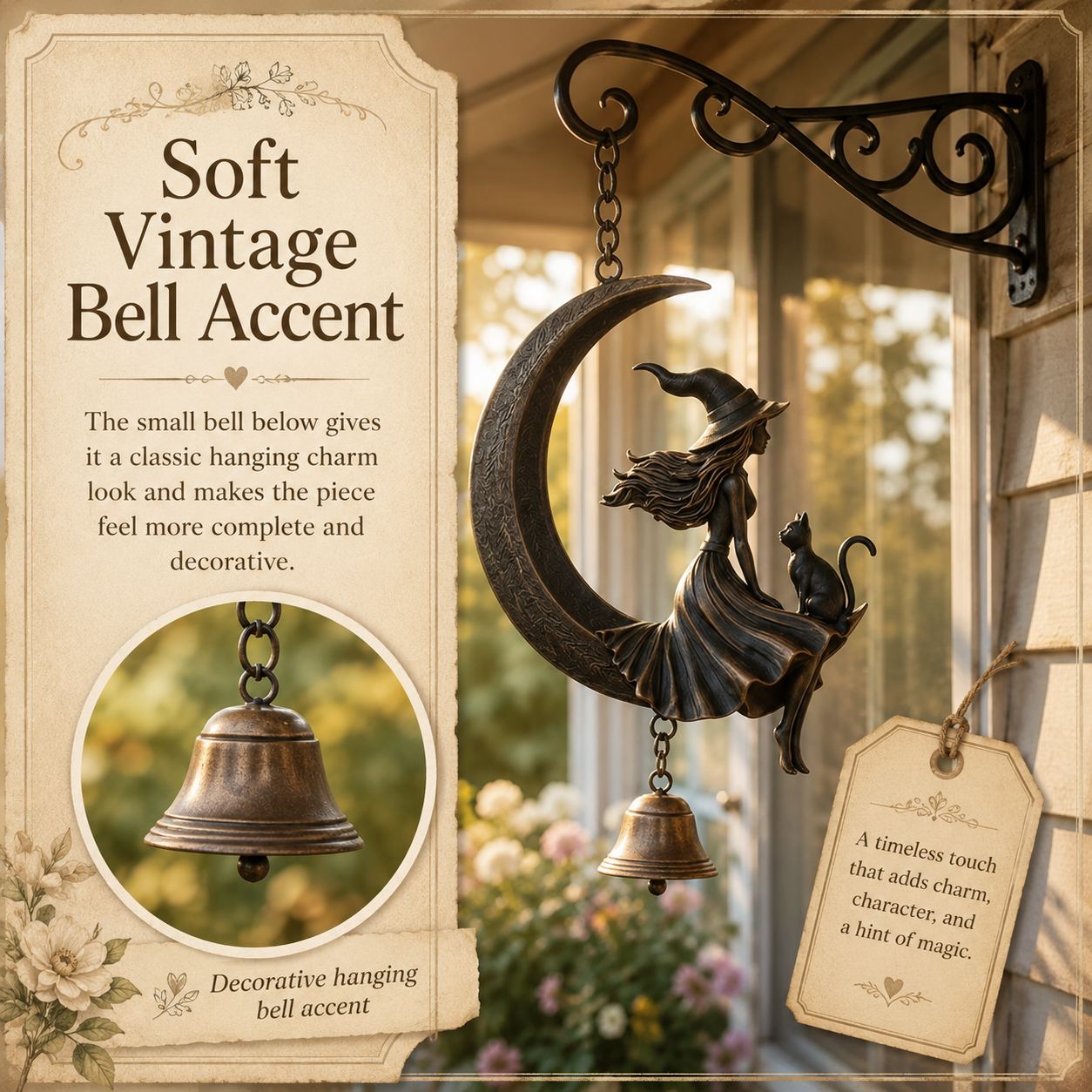 Witch & Cat Crescent Moon Hanging Bell Decor