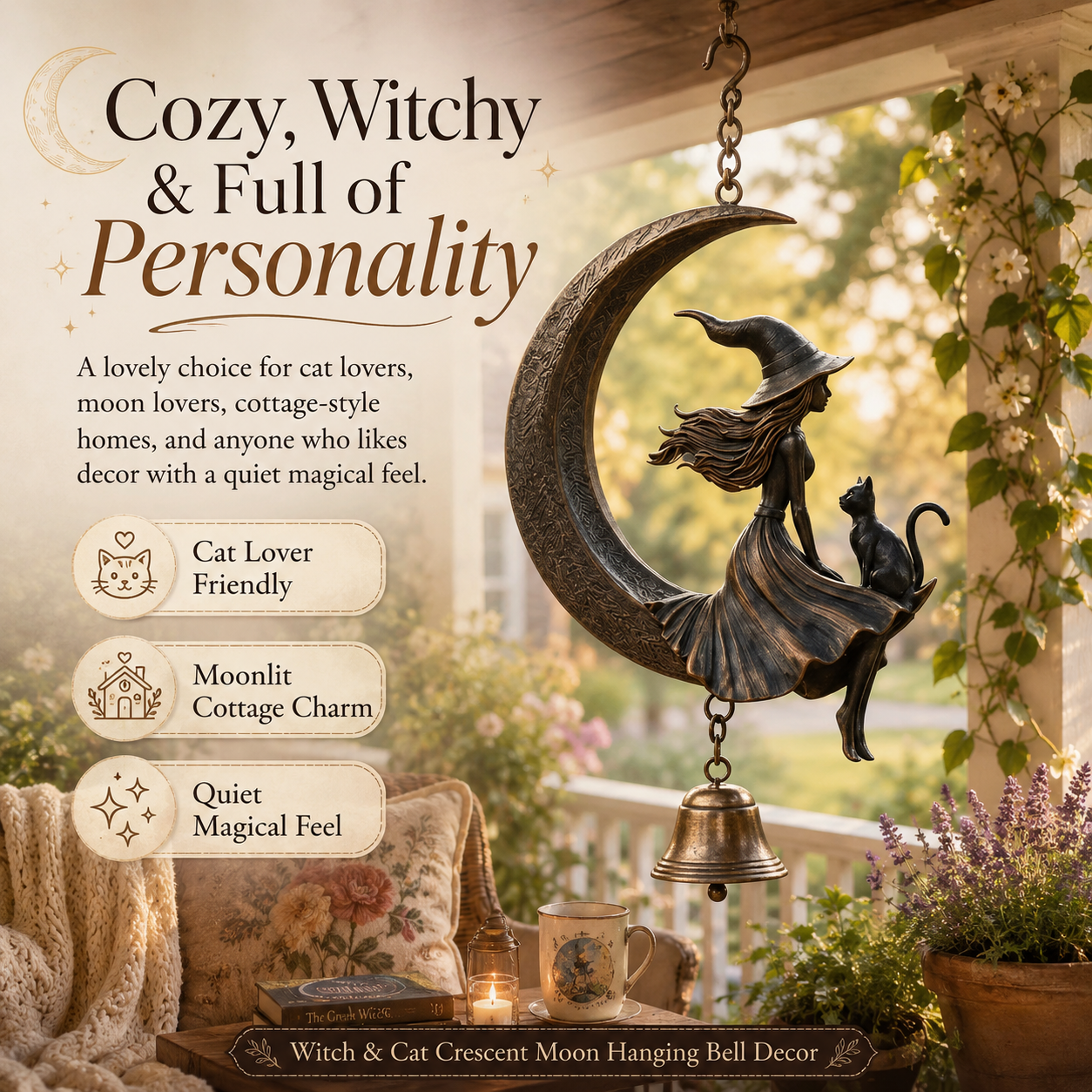 Witch & Cat Crescent Moon Hanging Bell Decor