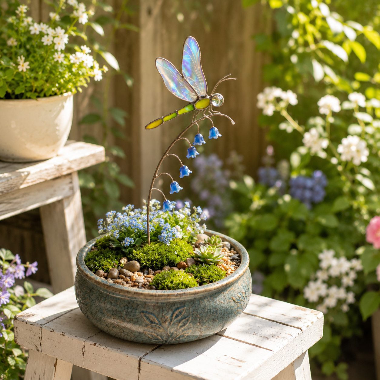 Iridescent Dragonfly Garden Stake with Bluebell Accents