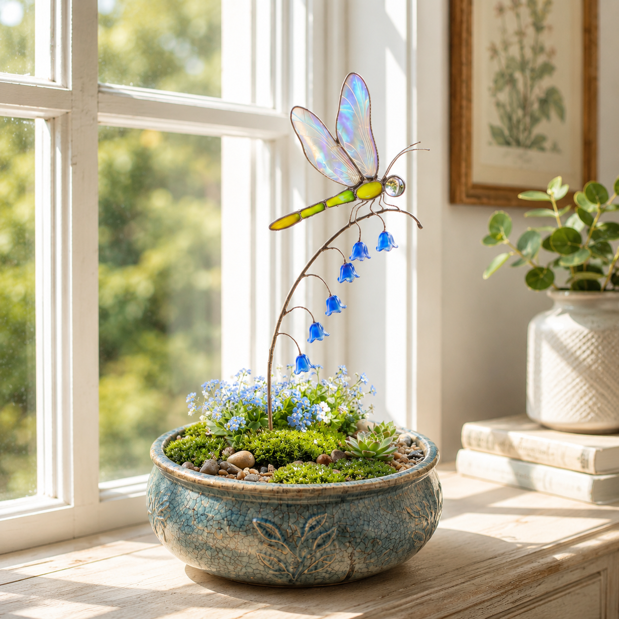 Iridescent Dragonfly Garden Stake with Bluebell Accents