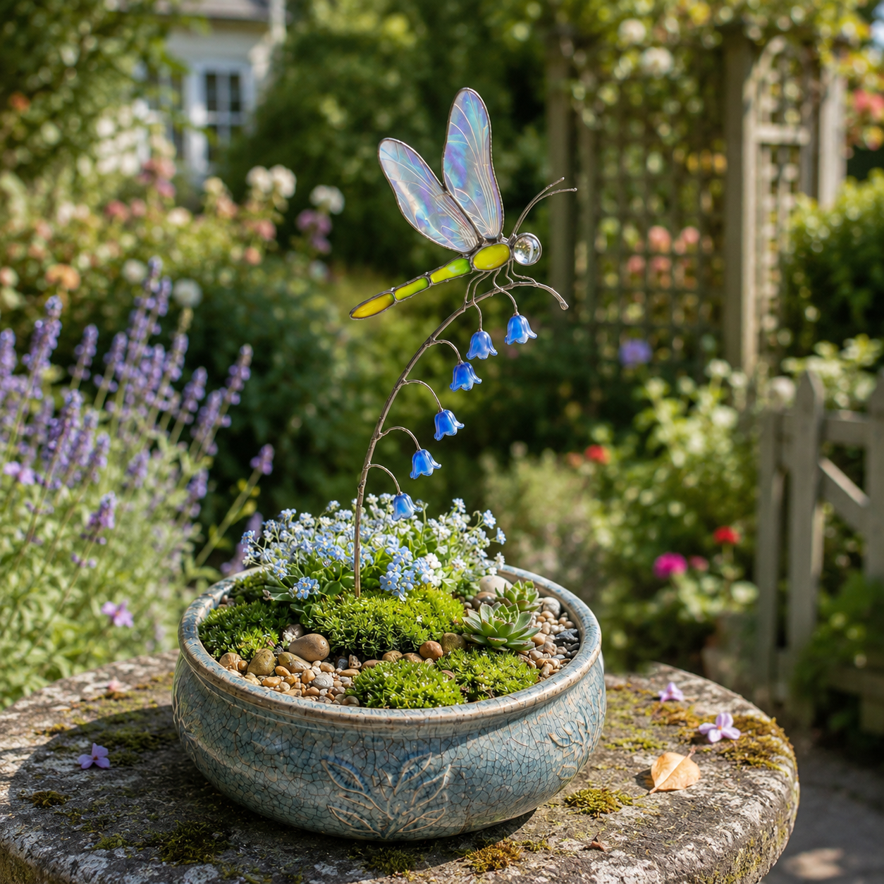Iridescent Dragonfly Garden Stake with Bluebell Accents