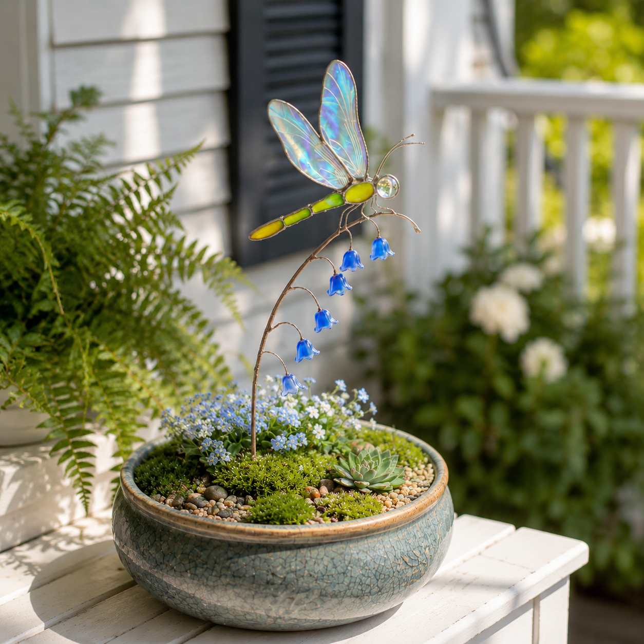 Iridescent Dragonfly Garden Stake with Bluebell Accents