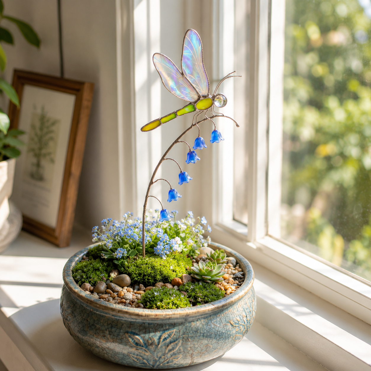 Iridescent Dragonfly Garden Stake with Bluebell Accents