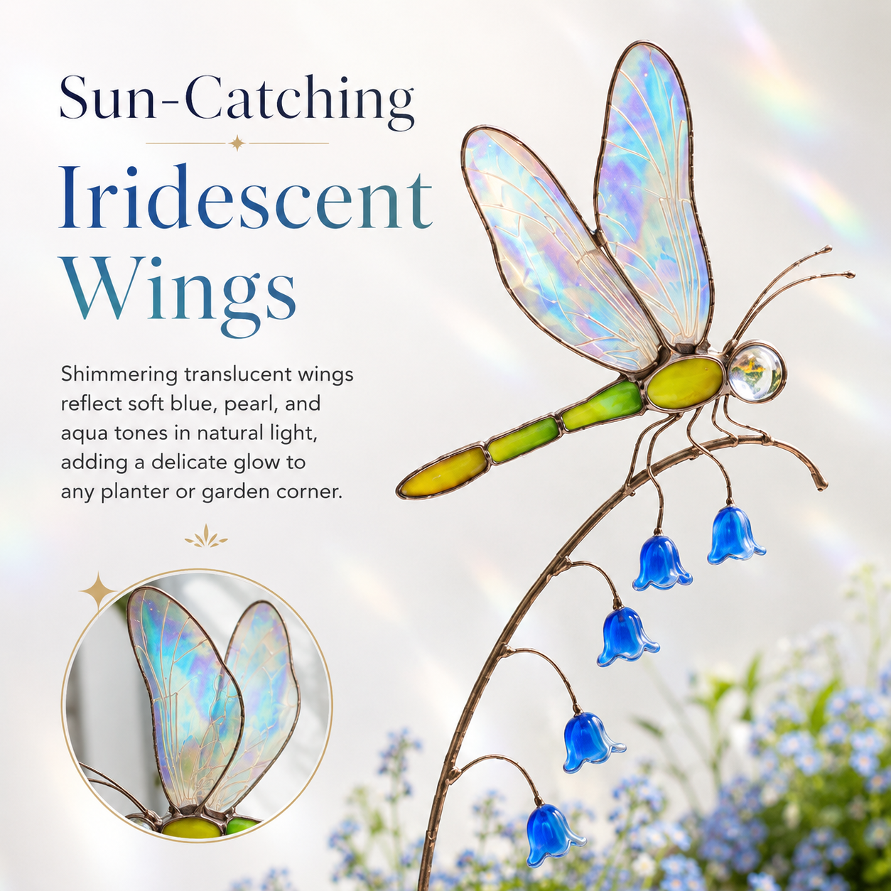 Iridescent Dragonfly Garden Stake with Bluebell Accents