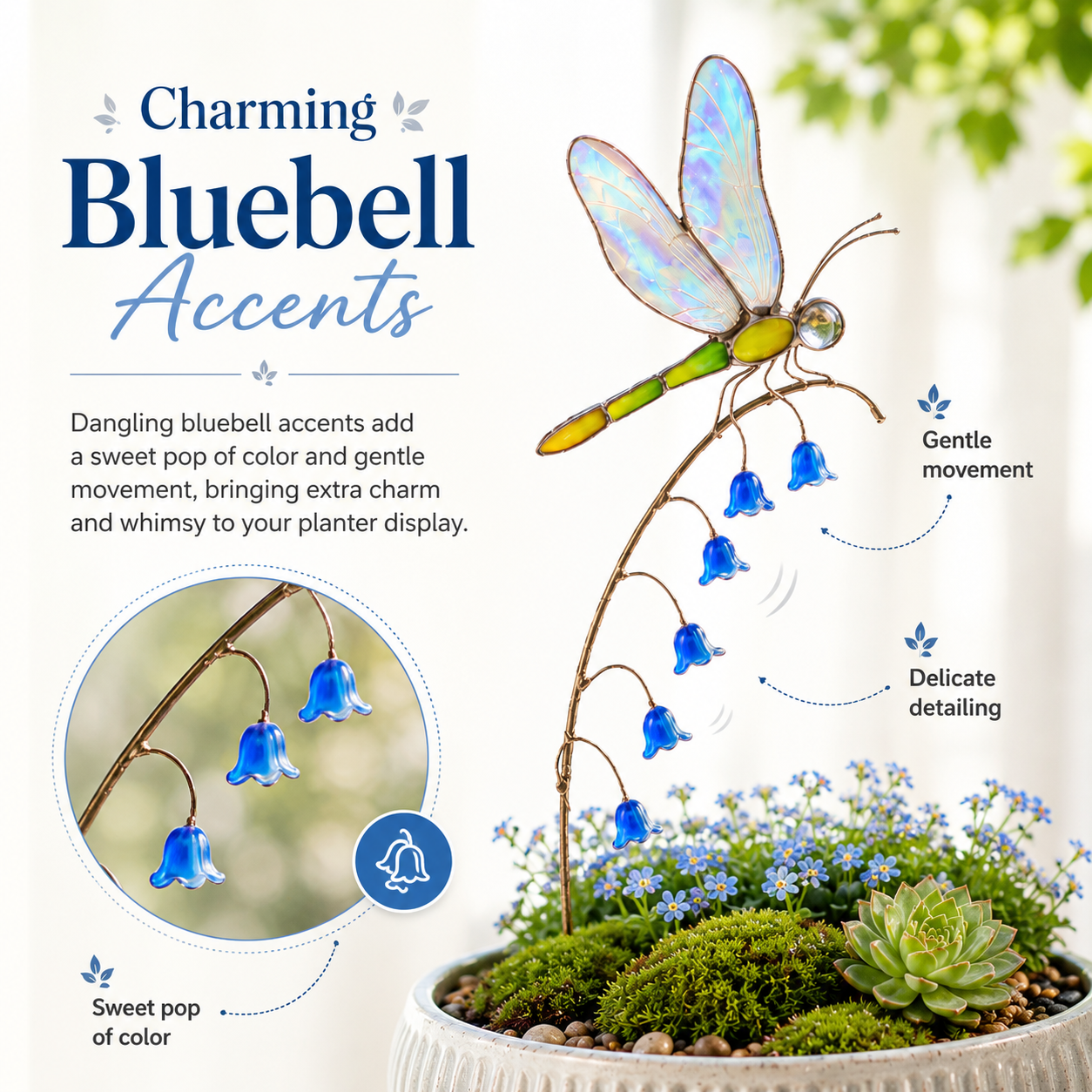 Iridescent Dragonfly Garden Stake with Bluebell Accents