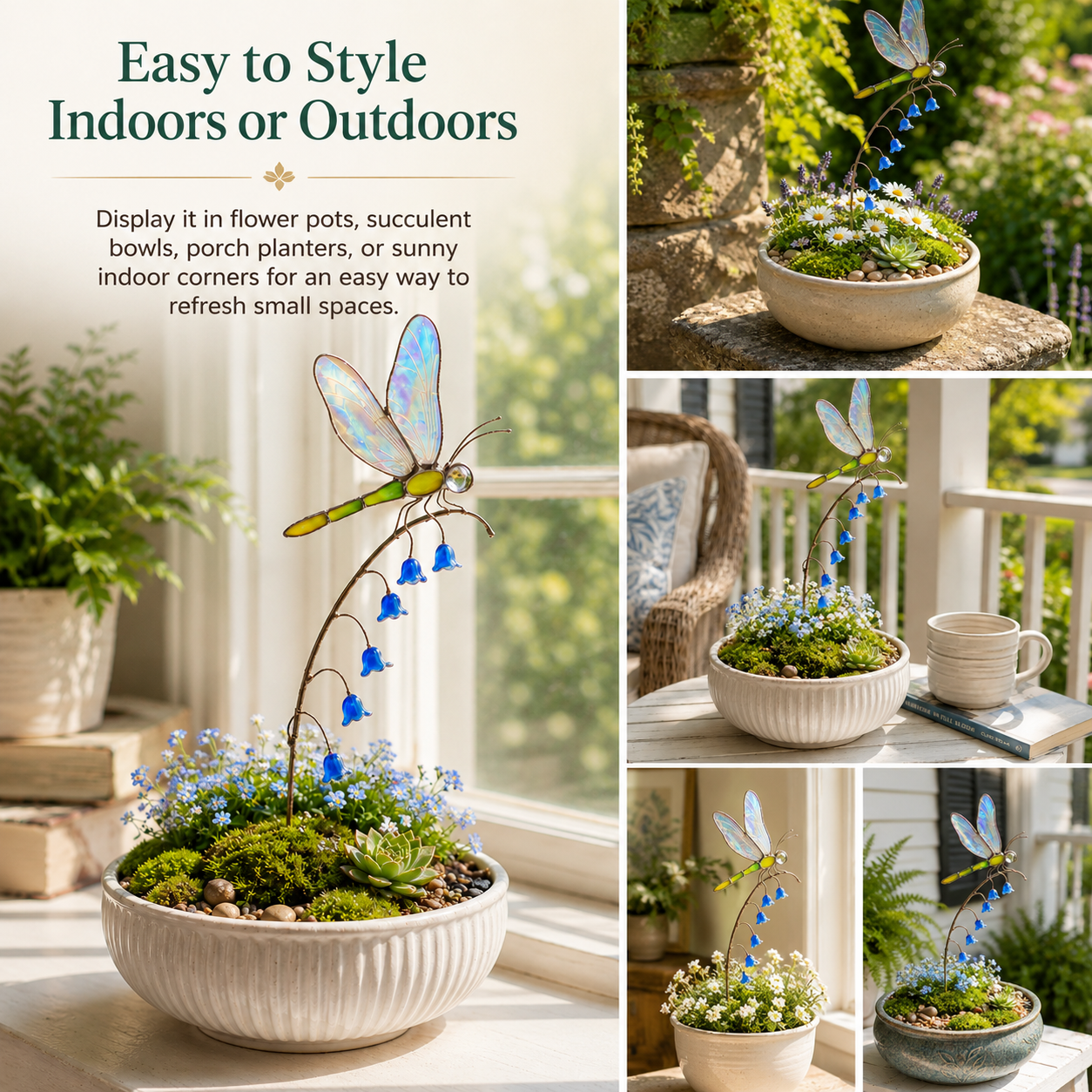 Iridescent Dragonfly Garden Stake with Bluebell Accents