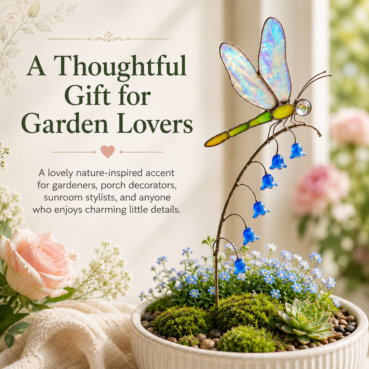 Iridescent Dragonfly Garden Stake with Bluebell Accents