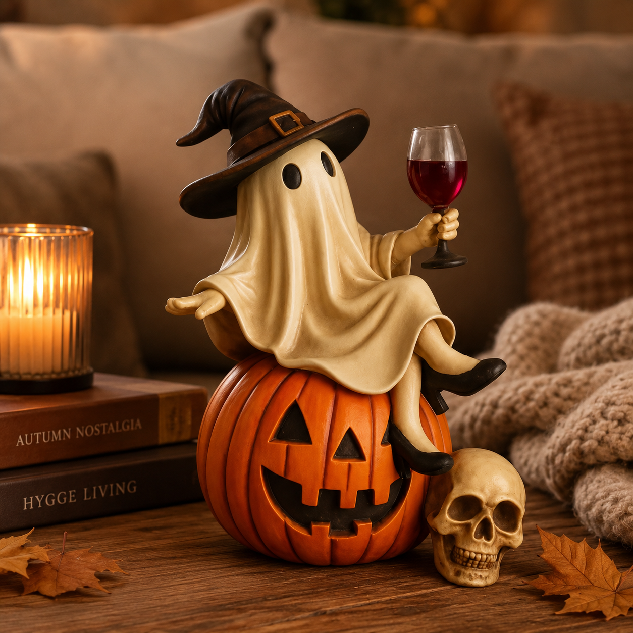 Ghost Wine Night Pumpkin Figurine