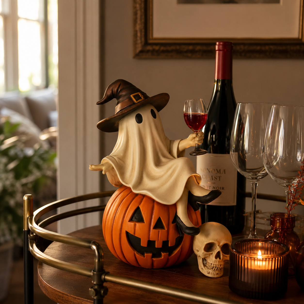 Ghost Wine Night Pumpkin Figurine