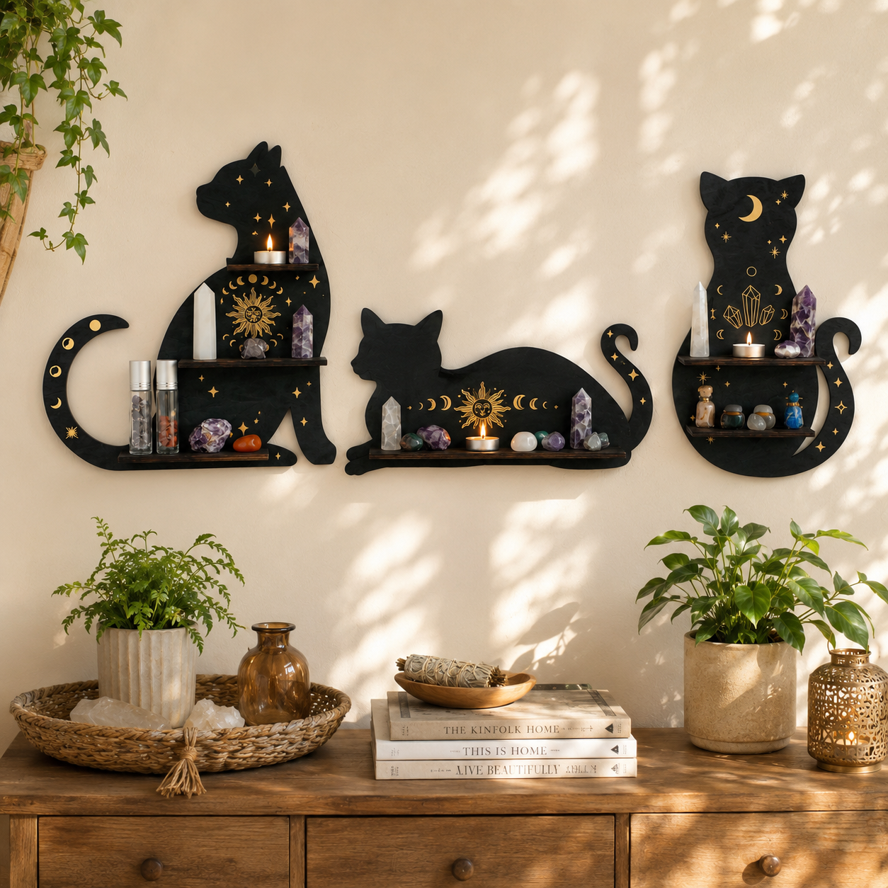 Celestial Black Cat Wall Shelf Decor