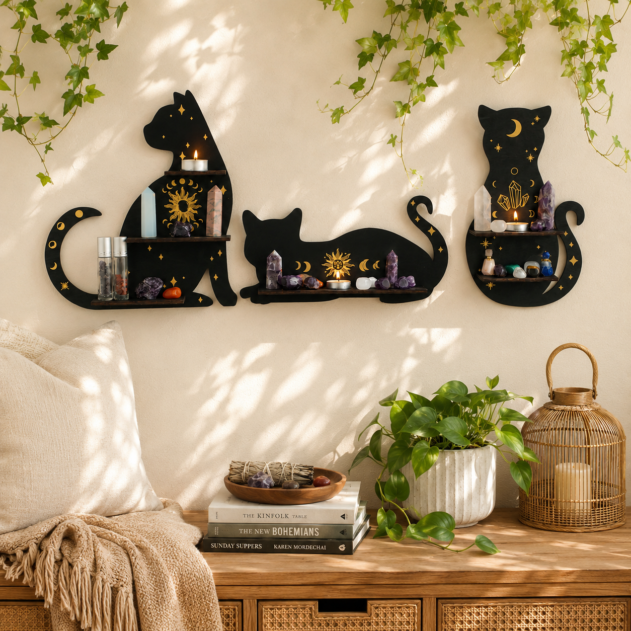 Celestial Black Cat Wall Shelf Decor