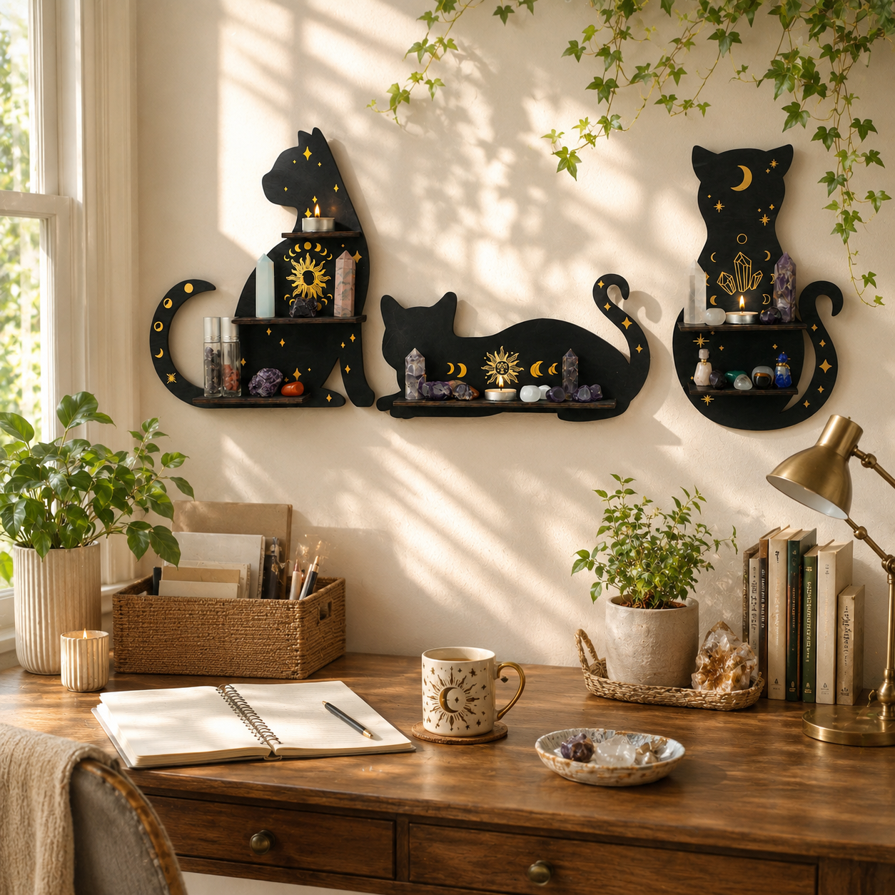 Celestial Black Cat Wall Shelf Decor