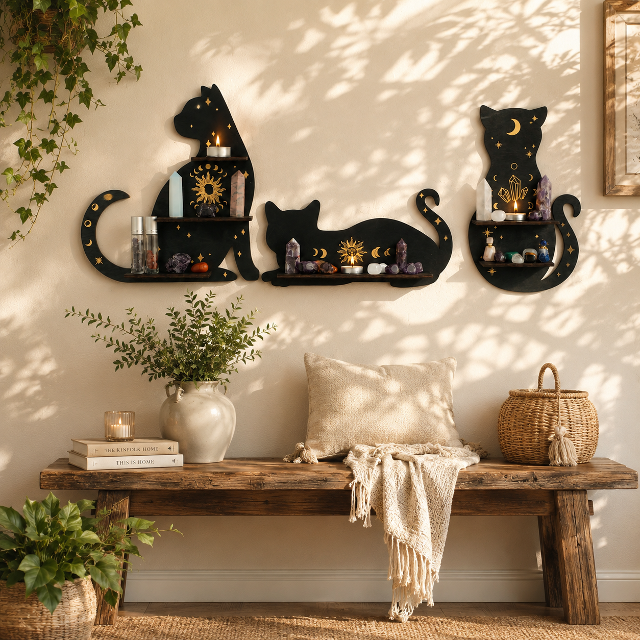 Celestial Black Cat Wall Shelf Decor