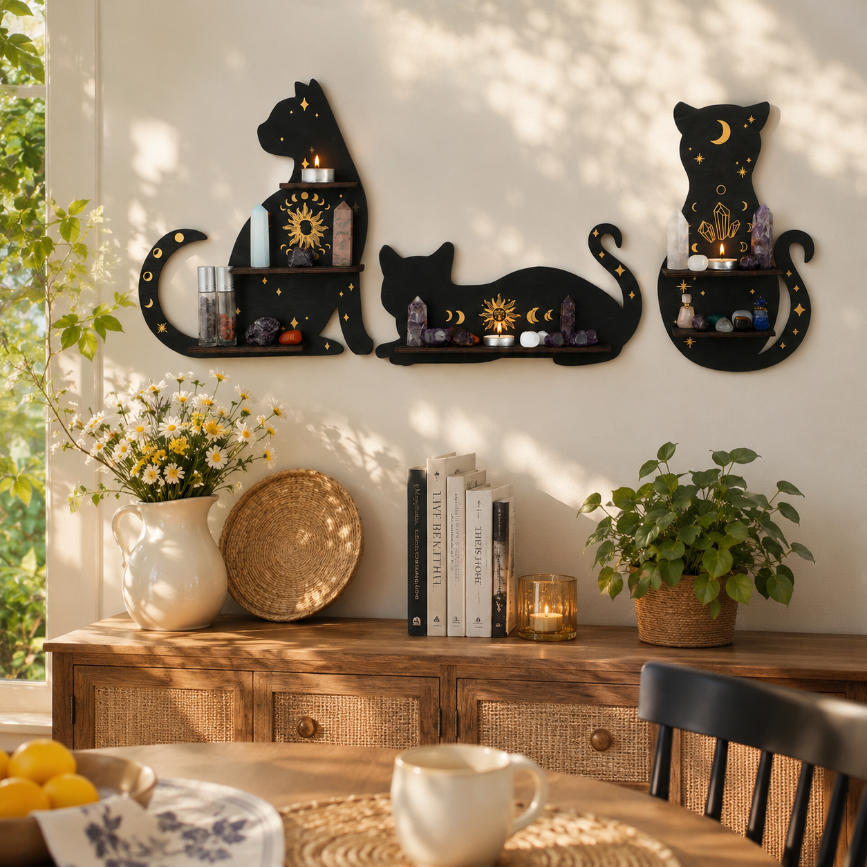 Celestial Black Cat Wall Shelf Decor
