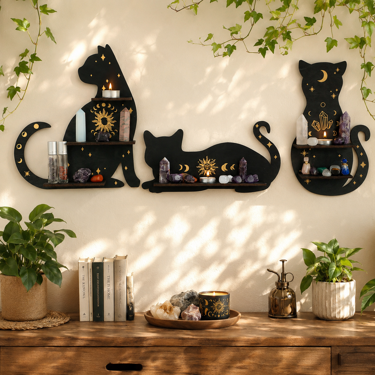 Celestial Black Cat Wall Shelf Decor