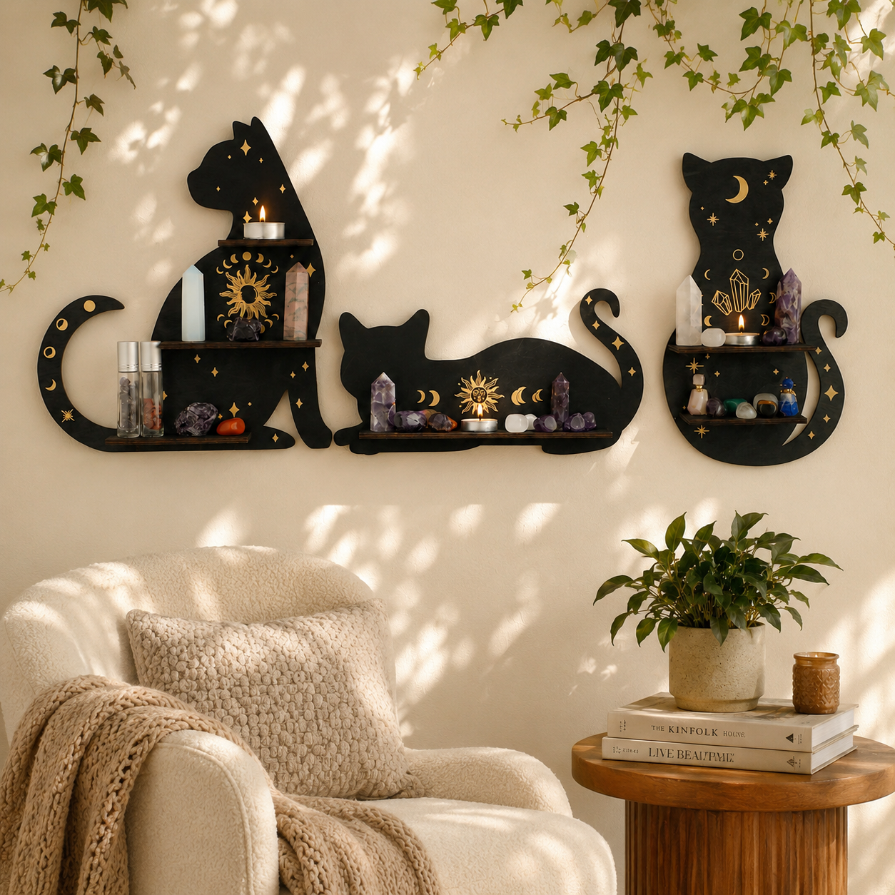 Celestial Black Cat Wall Shelf Decor