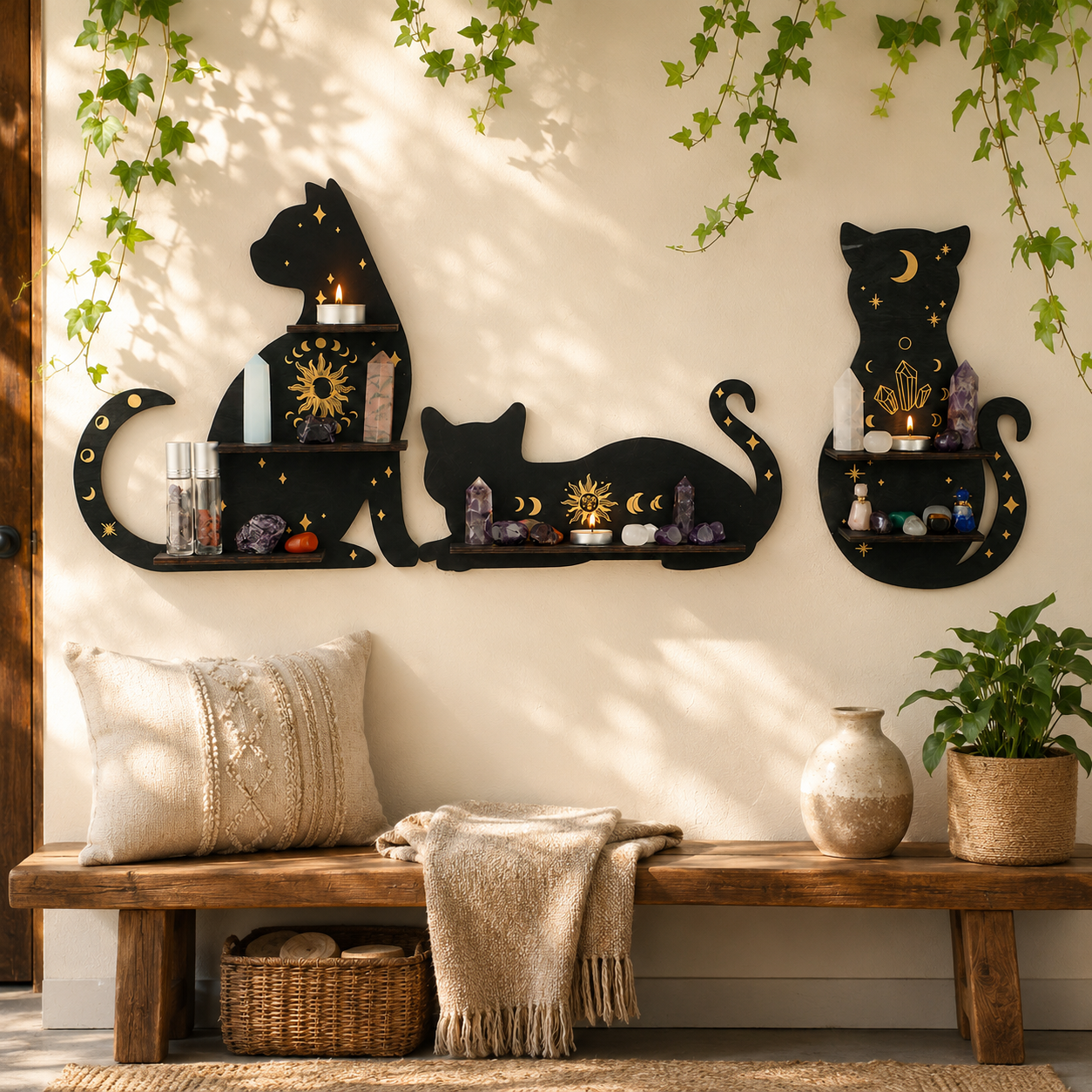Celestial Black Cat Wall Shelf Decor