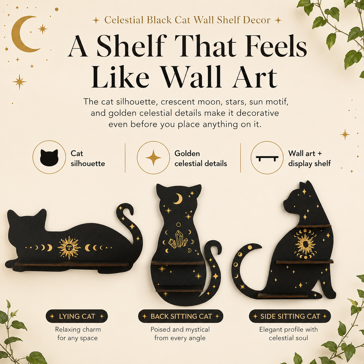 Celestial Black Cat Wall Shelf Decor