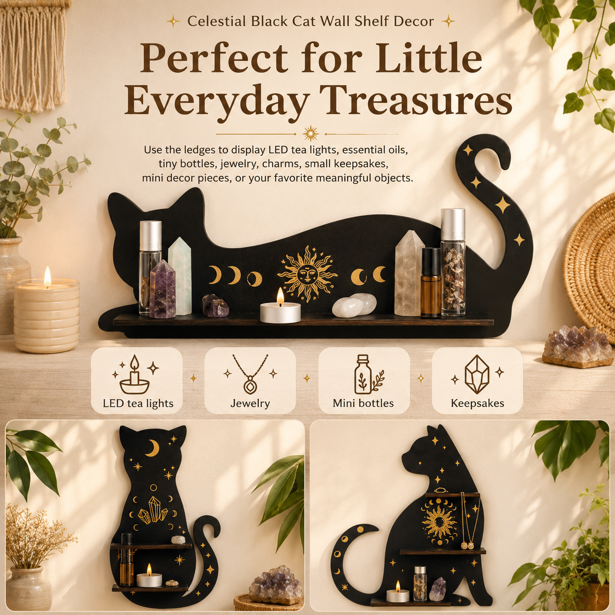 Celestial Black Cat Wall Shelf Decor