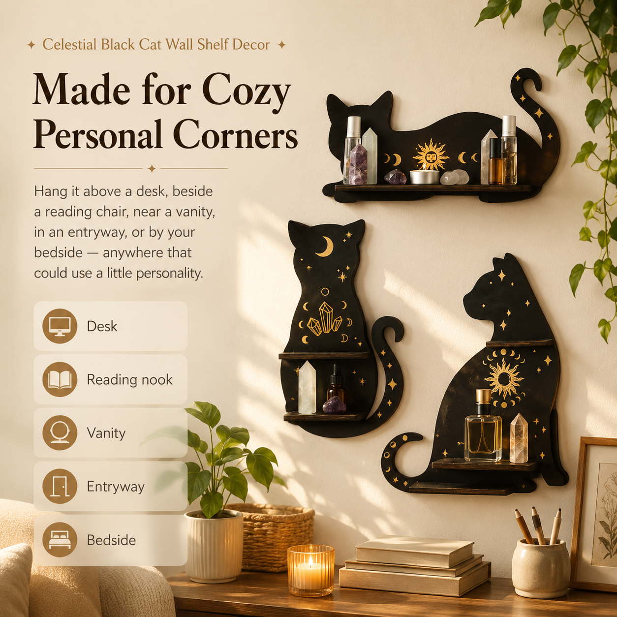Celestial Black Cat Wall Shelf Decor