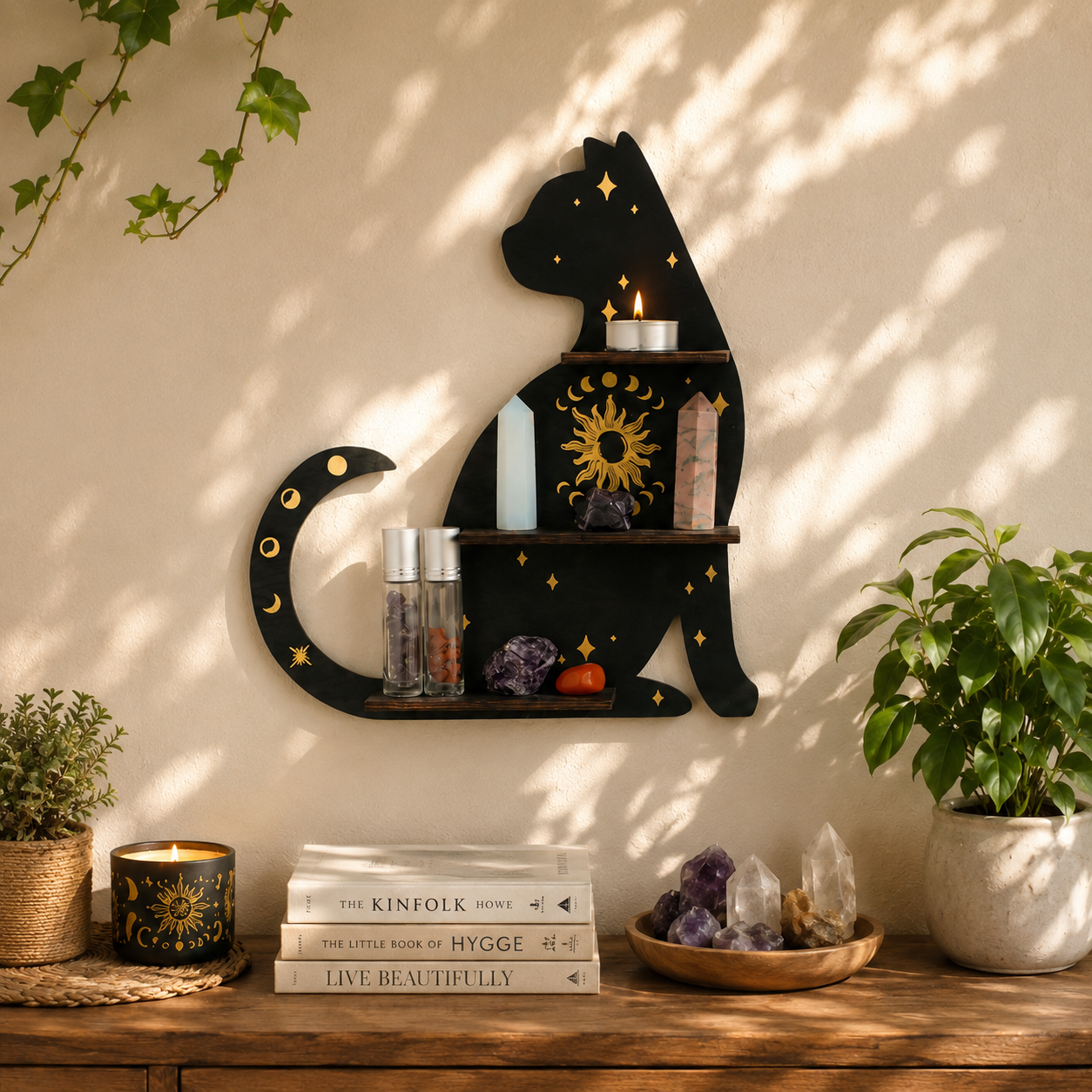 Celestial Black Cat Wall Shelf Decor