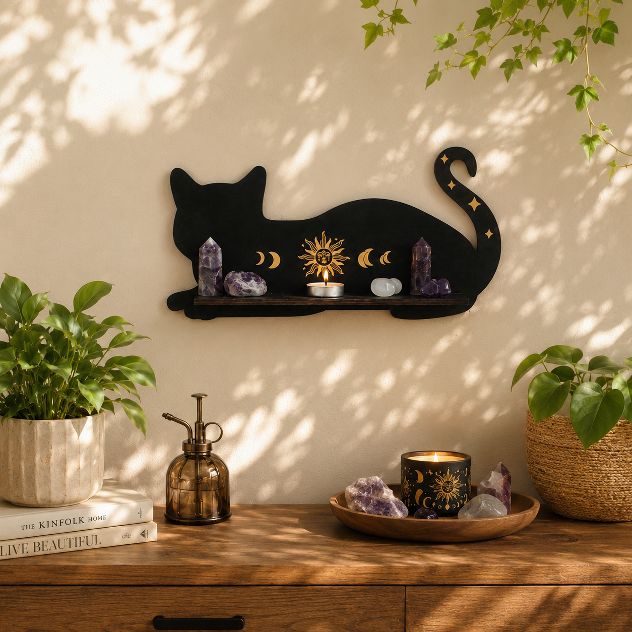 Celestial Black Cat Wall Shelf Decor
