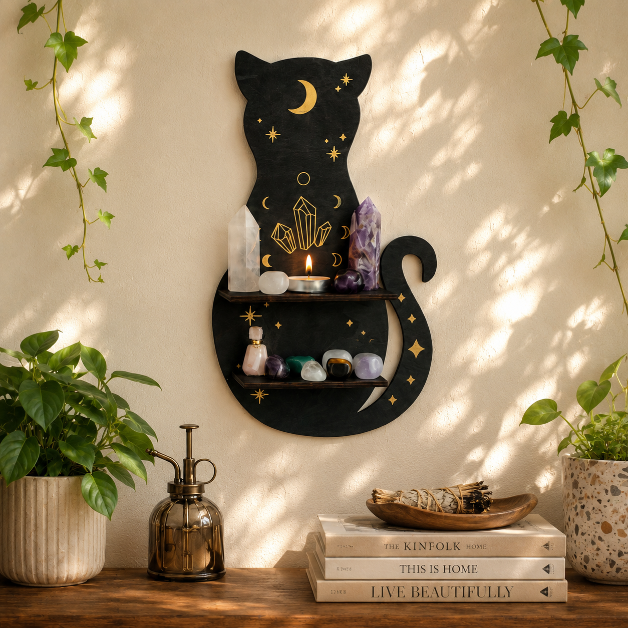 Celestial Black Cat Wall Shelf Decor