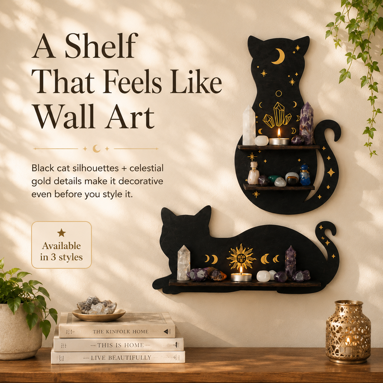 Celestial Black Cat Wall Shelf Decor