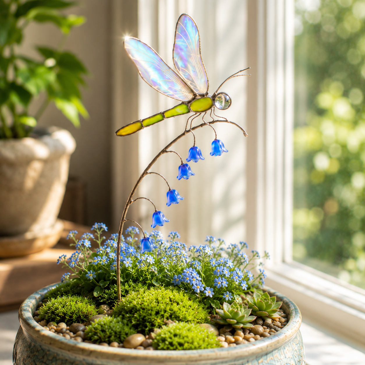 Iridescent Dragonfly Garden Stake with Bluebell Accents