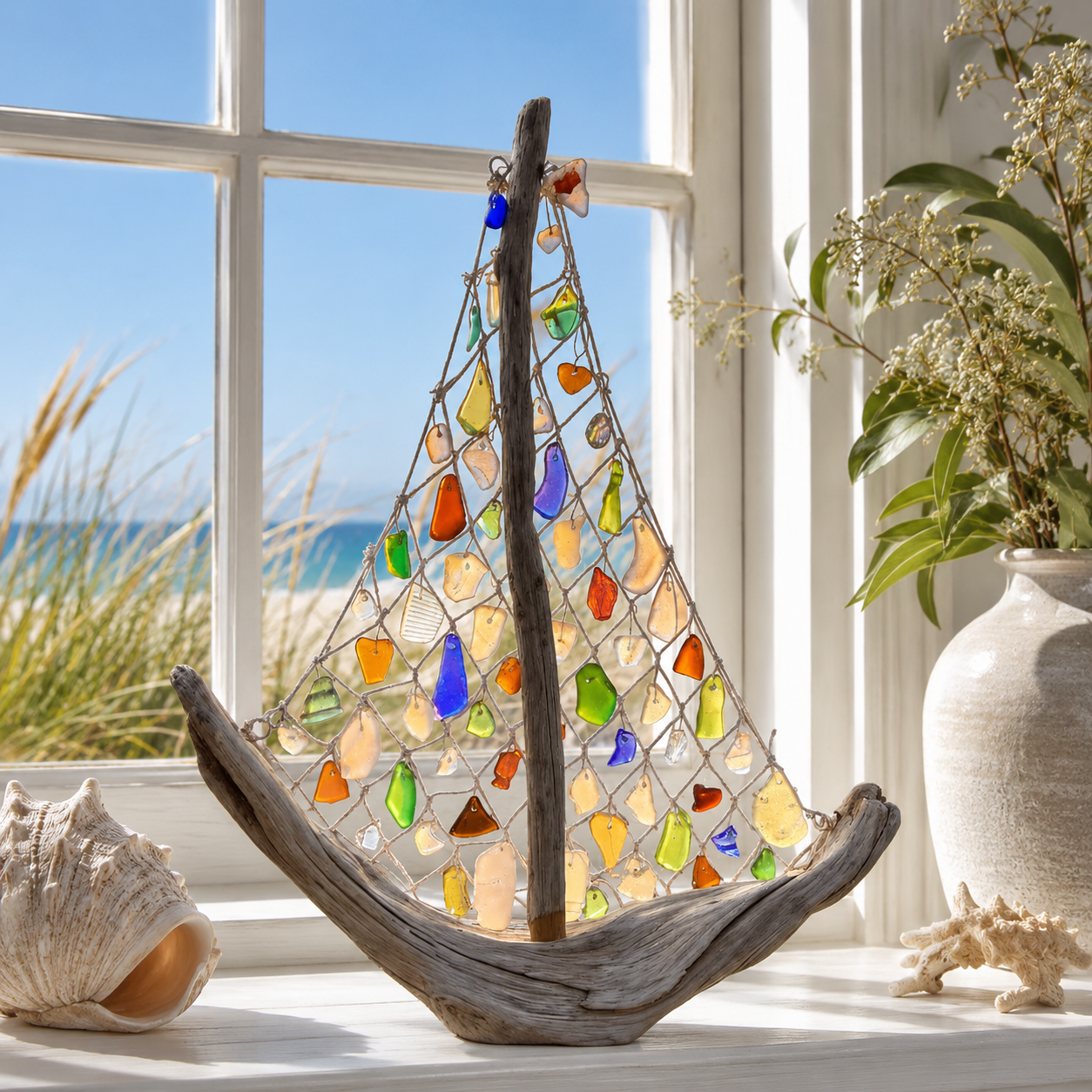 Coastal Driftwood Sailboat Tabletop Decor