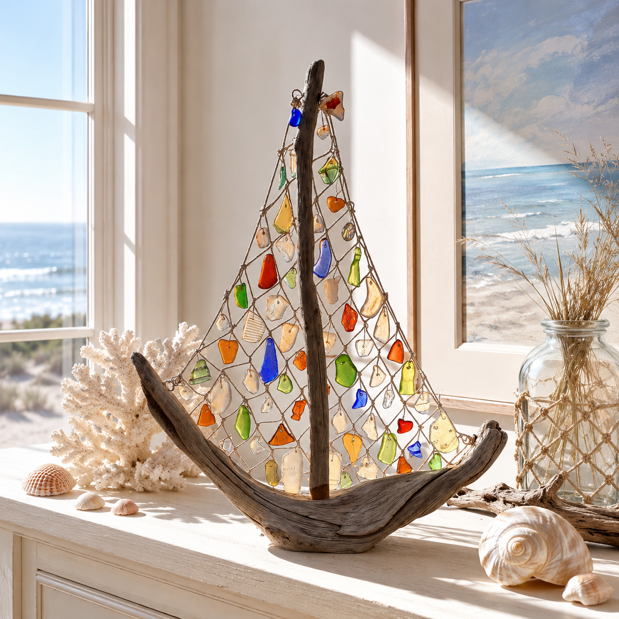 Coastal Driftwood Sailboat Tabletop Decor