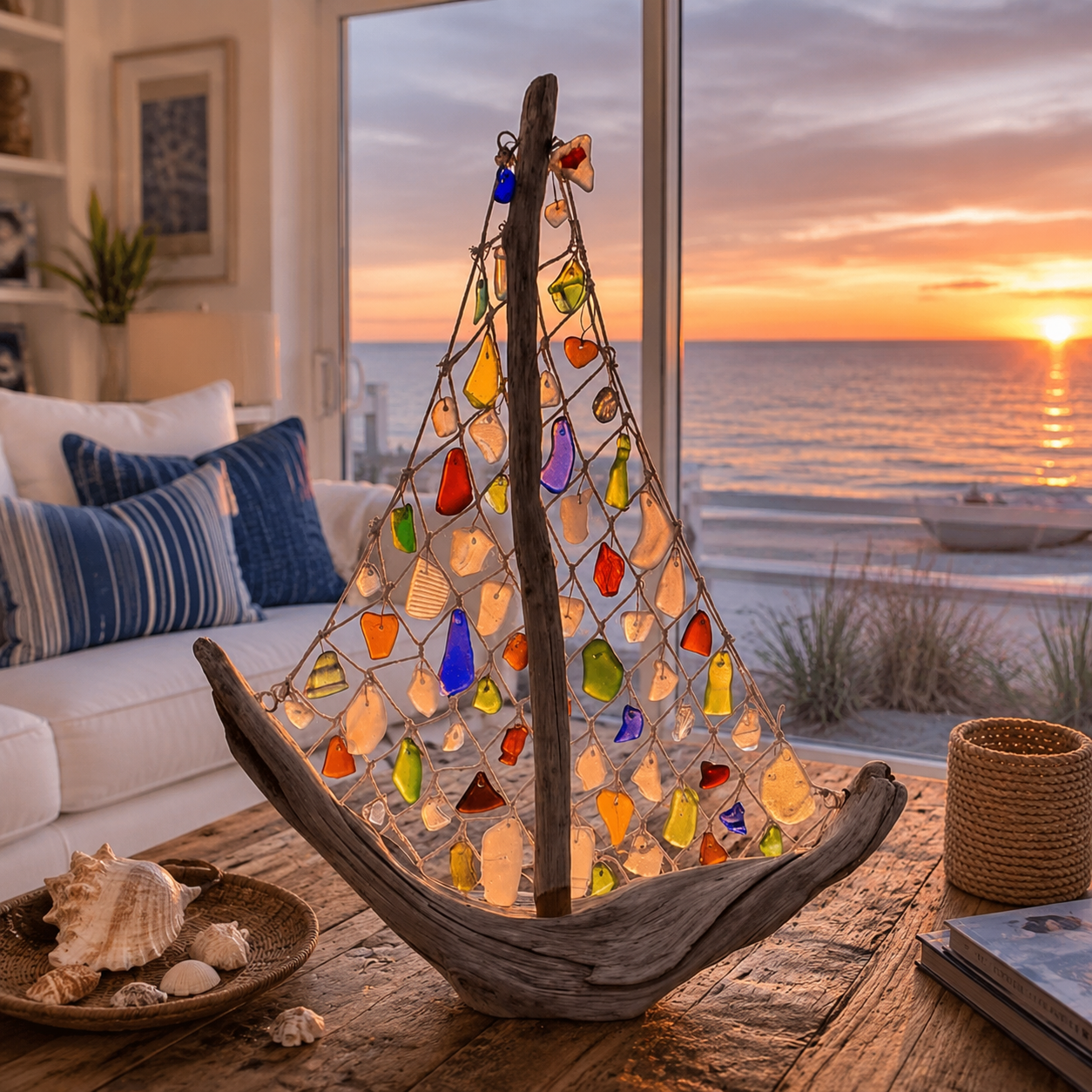 Coastal Driftwood Sailboat Tabletop Decor