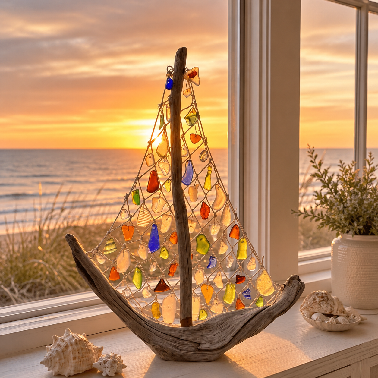 Coastal Driftwood Sailboat Tabletop Decor