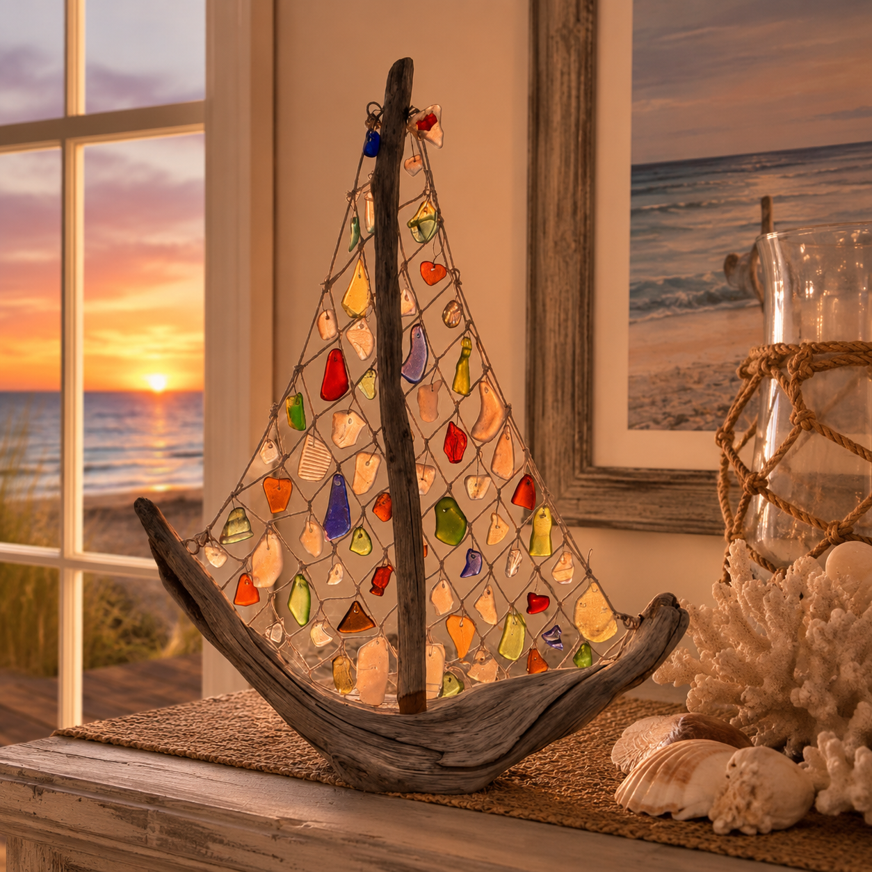 Coastal Driftwood Sailboat Tabletop Decor