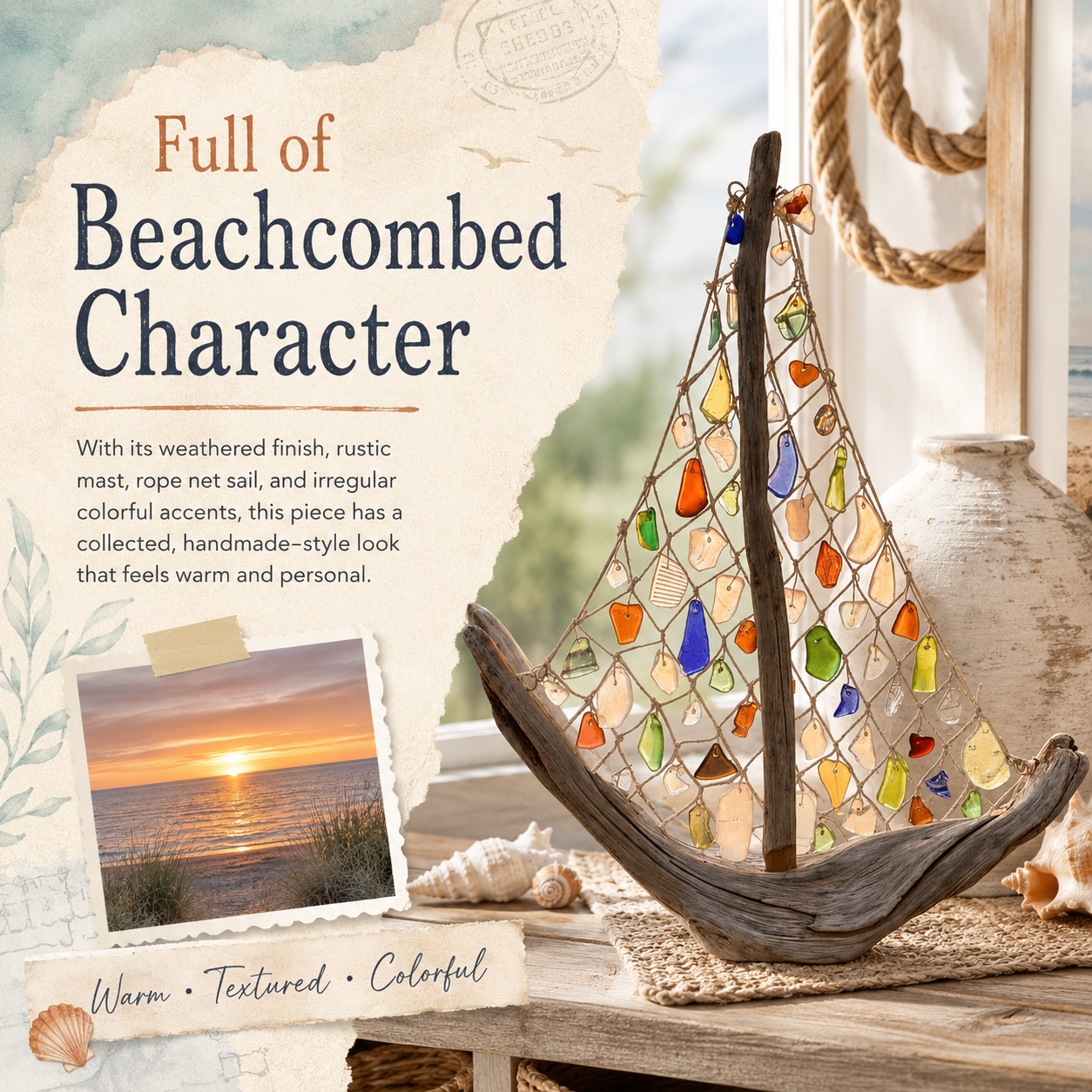 Coastal Driftwood Sailboat Tabletop Decor