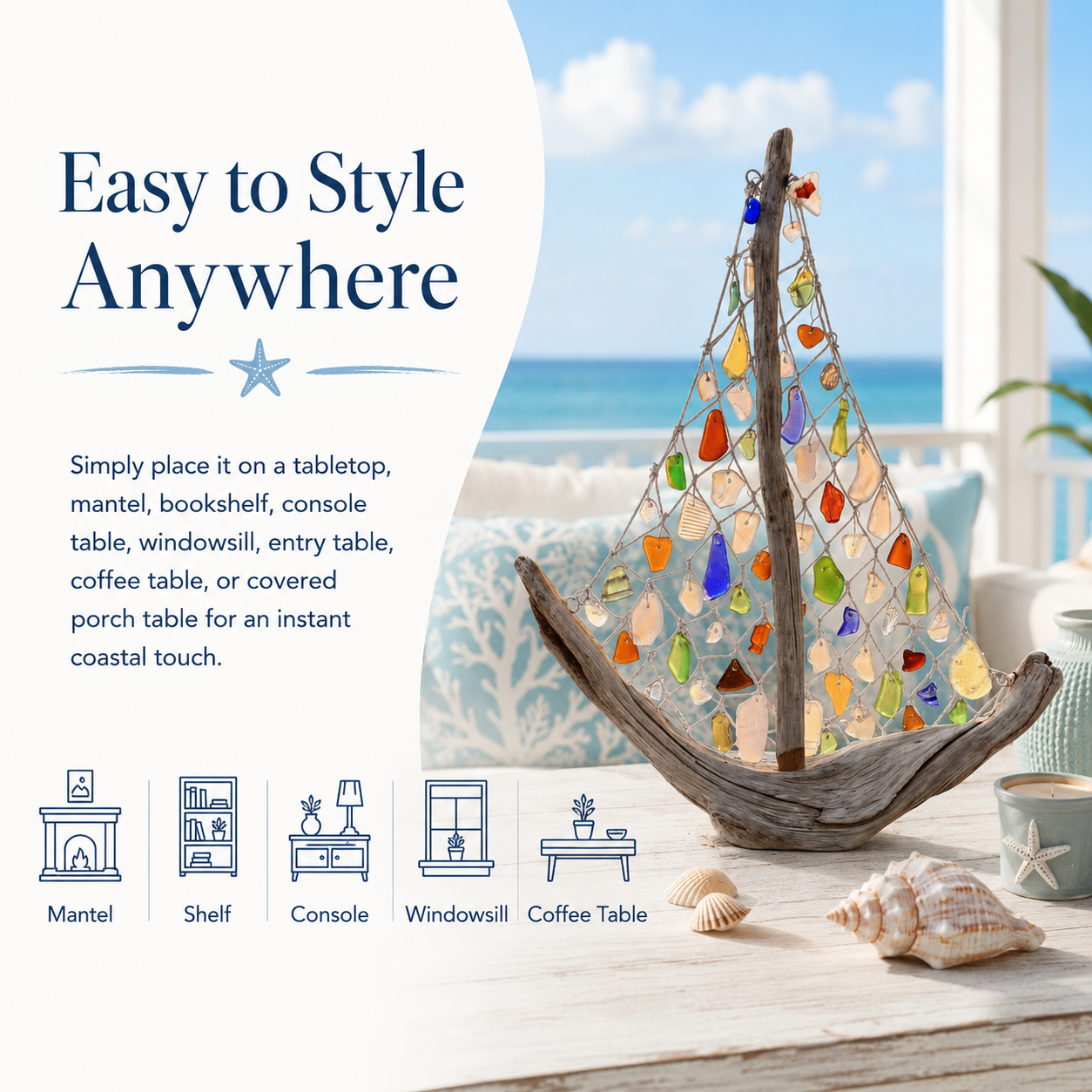 Coastal Driftwood Sailboat Tabletop Decor