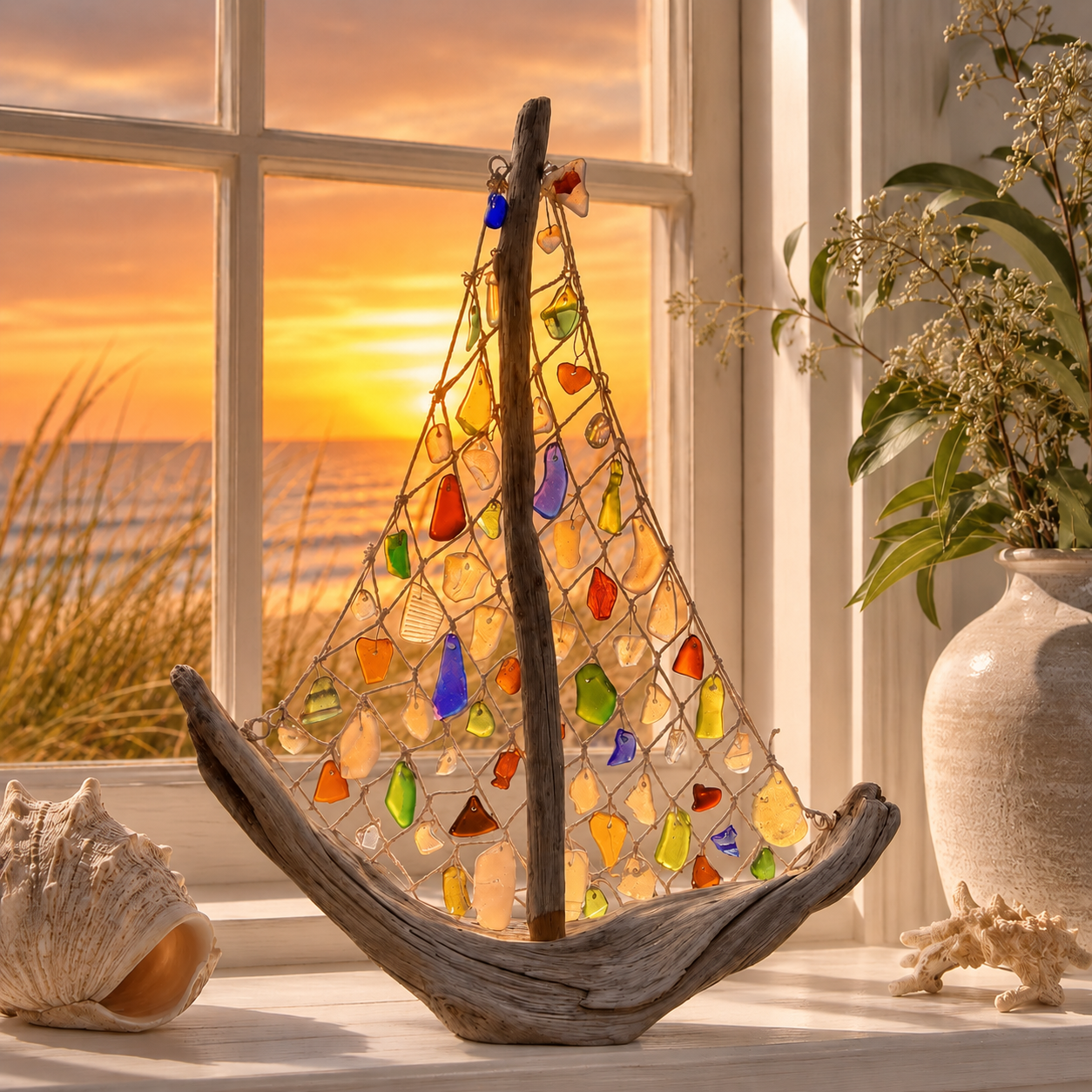 Coastal Driftwood Sailboat Tabletop Decor