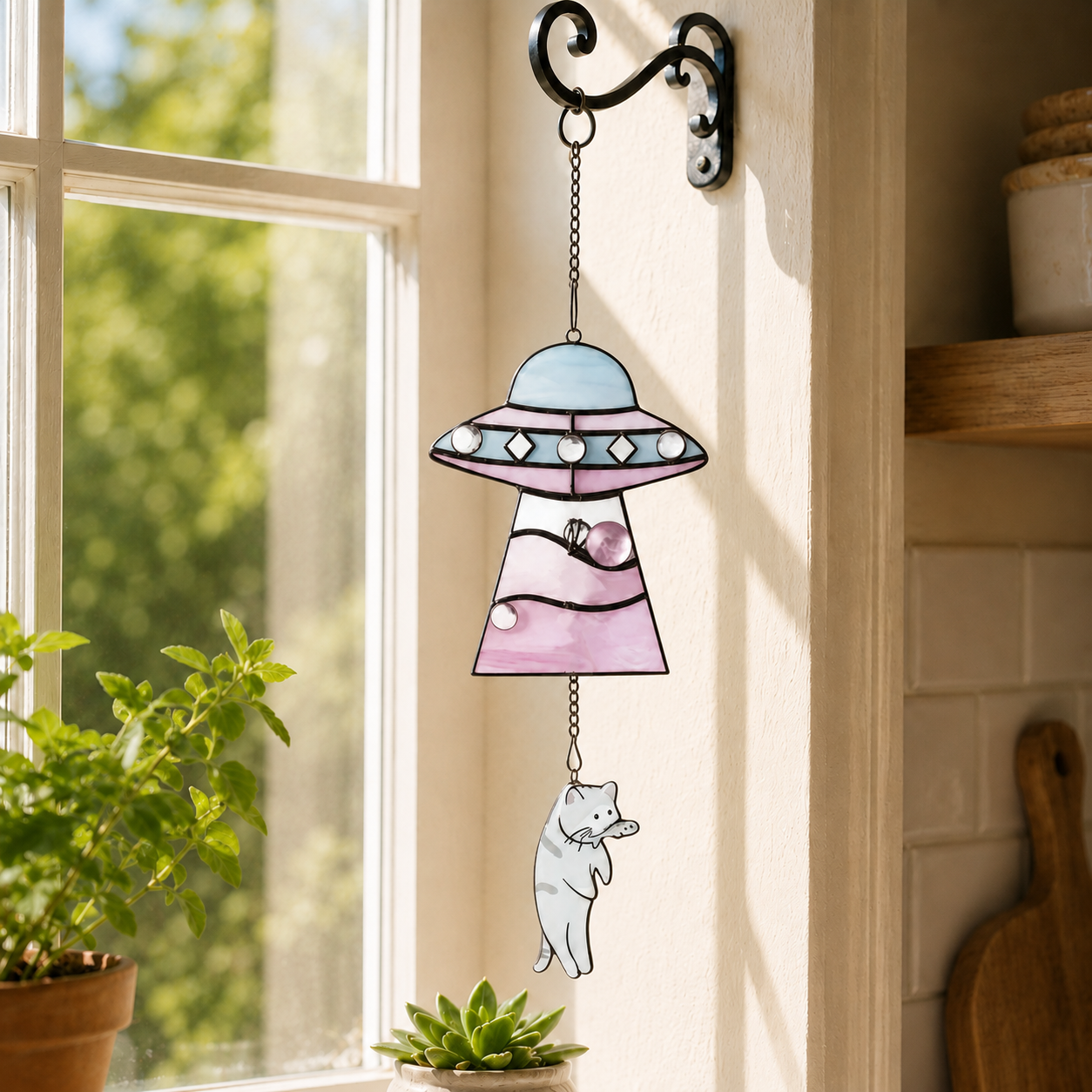 Cat Abduction UFO Acrylic Suncatcher