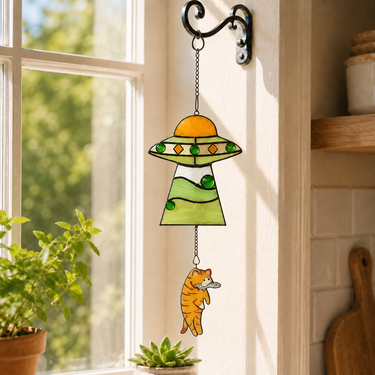 Cat Abduction UFO Acrylic Suncatcher