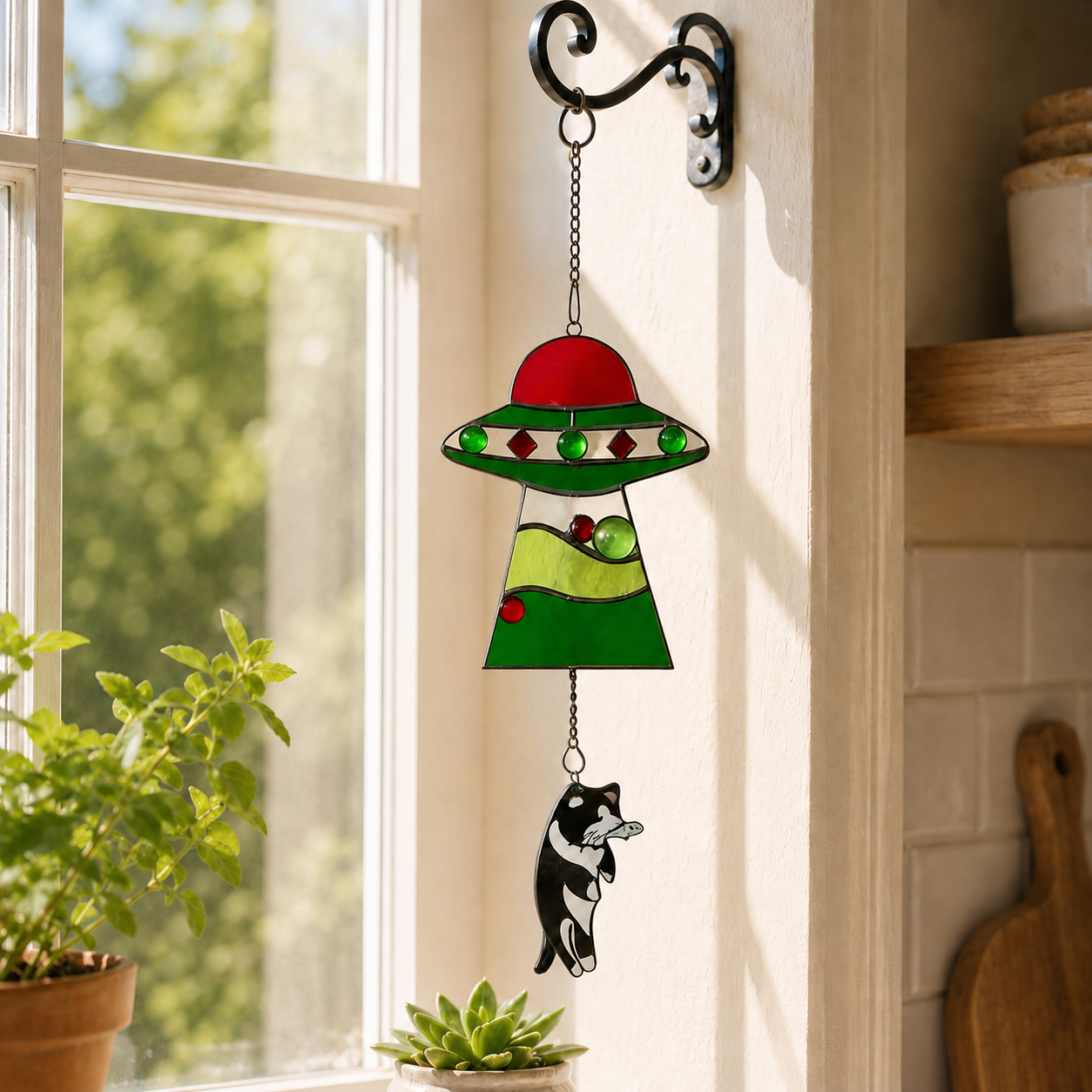 Cat Abduction UFO Acrylic Suncatcher