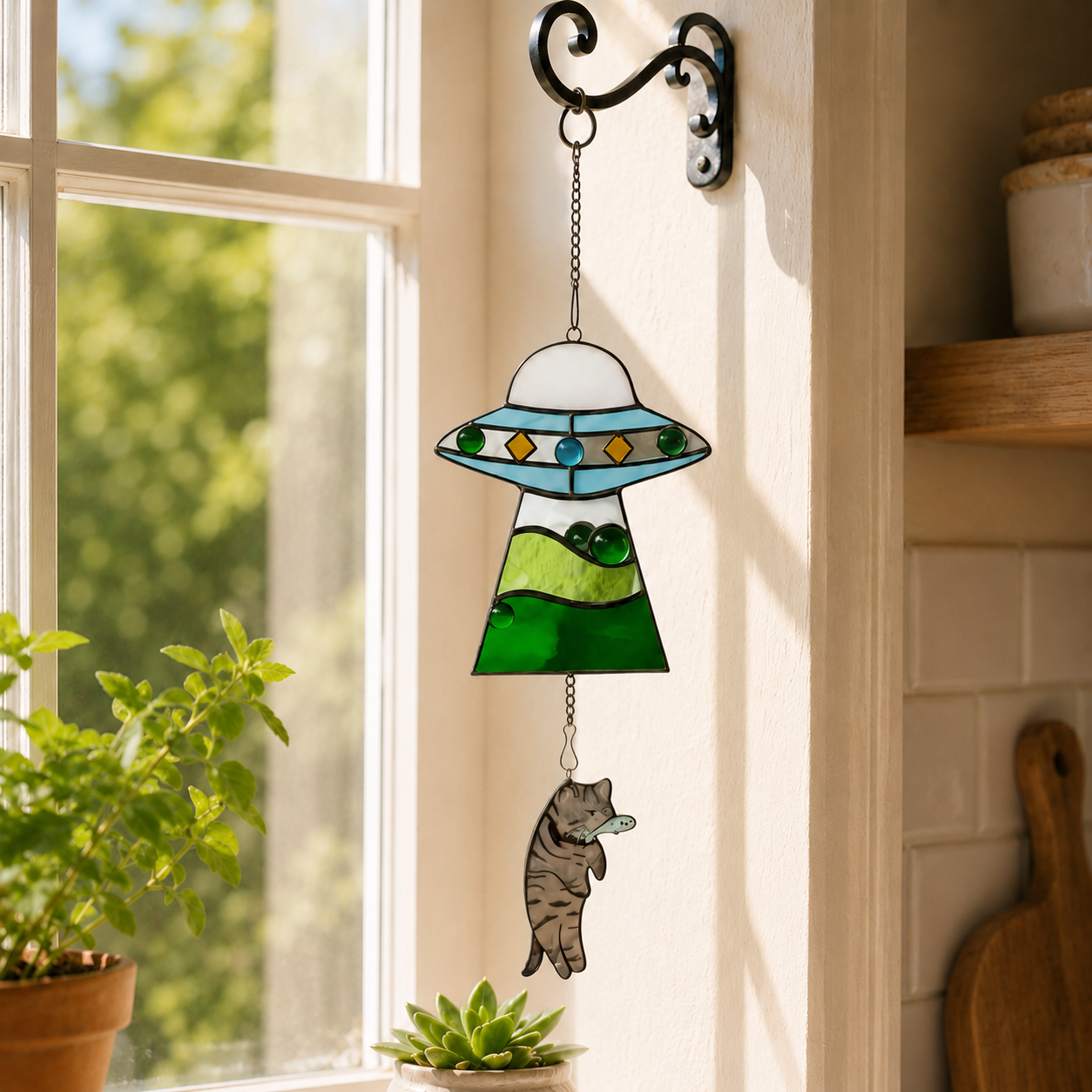 Cat Abduction UFO Acrylic Suncatcher