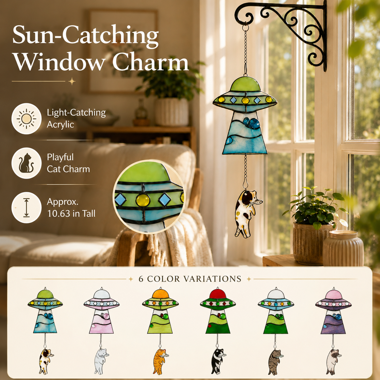 Cat Abduction UFO Acrylic Suncatcher