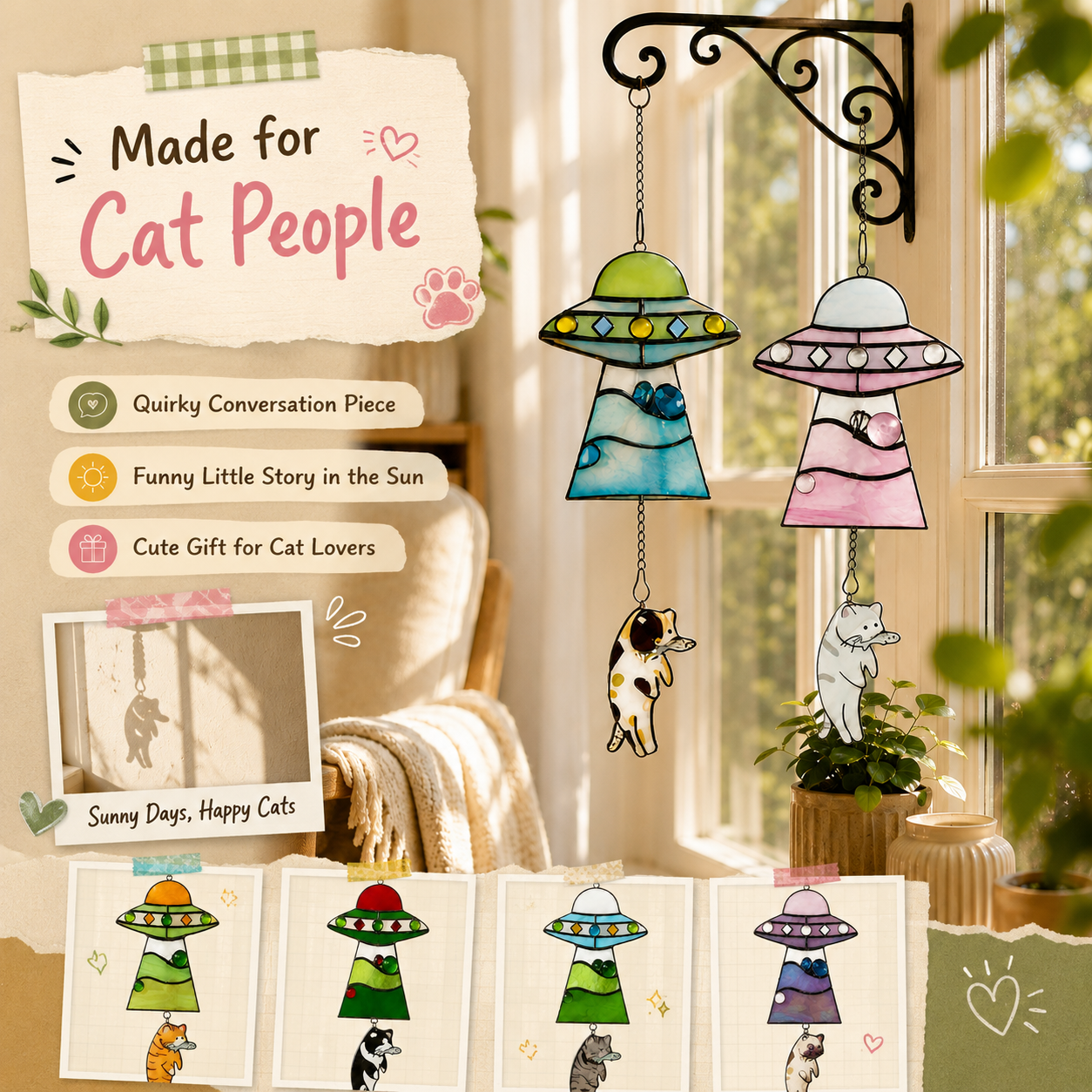 Cat Abduction UFO Acrylic Suncatcher