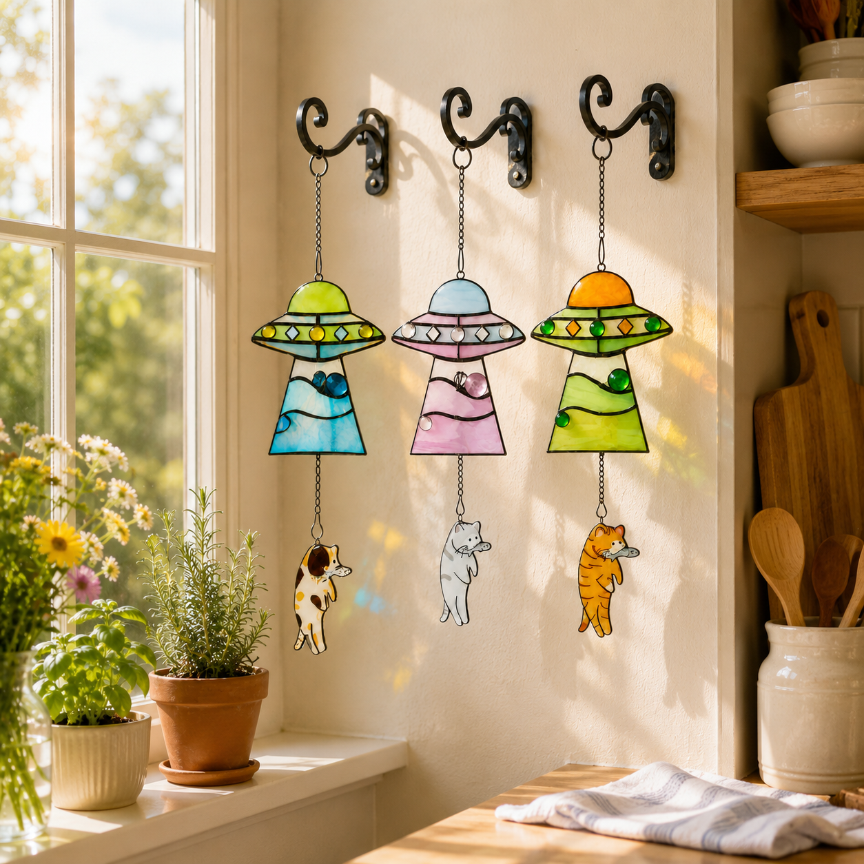Cat Abduction UFO Acrylic Suncatcher