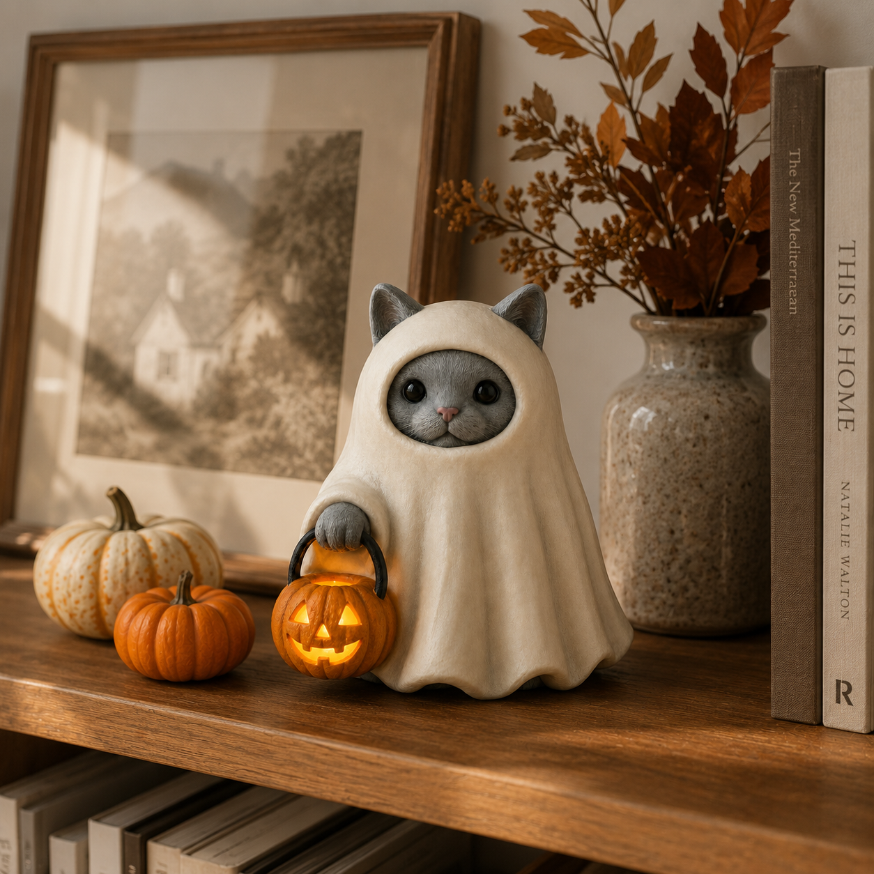 Lighted Ghost Cat Pumpkin Statue