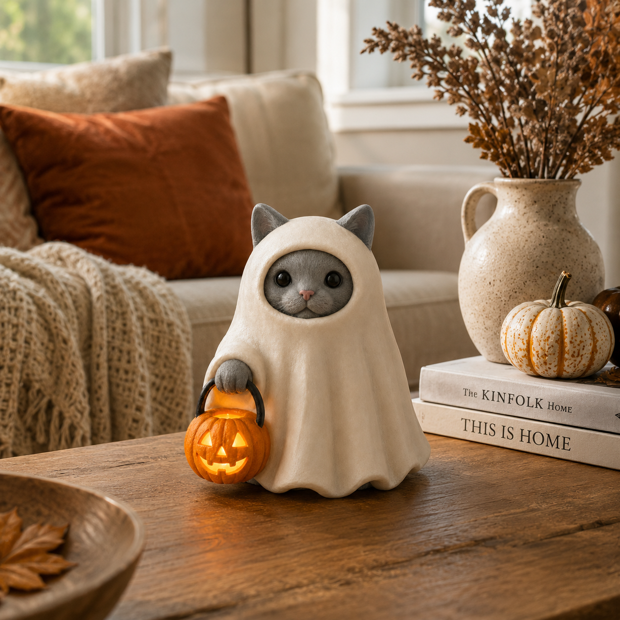 Lighted Ghost Cat Pumpkin Statue