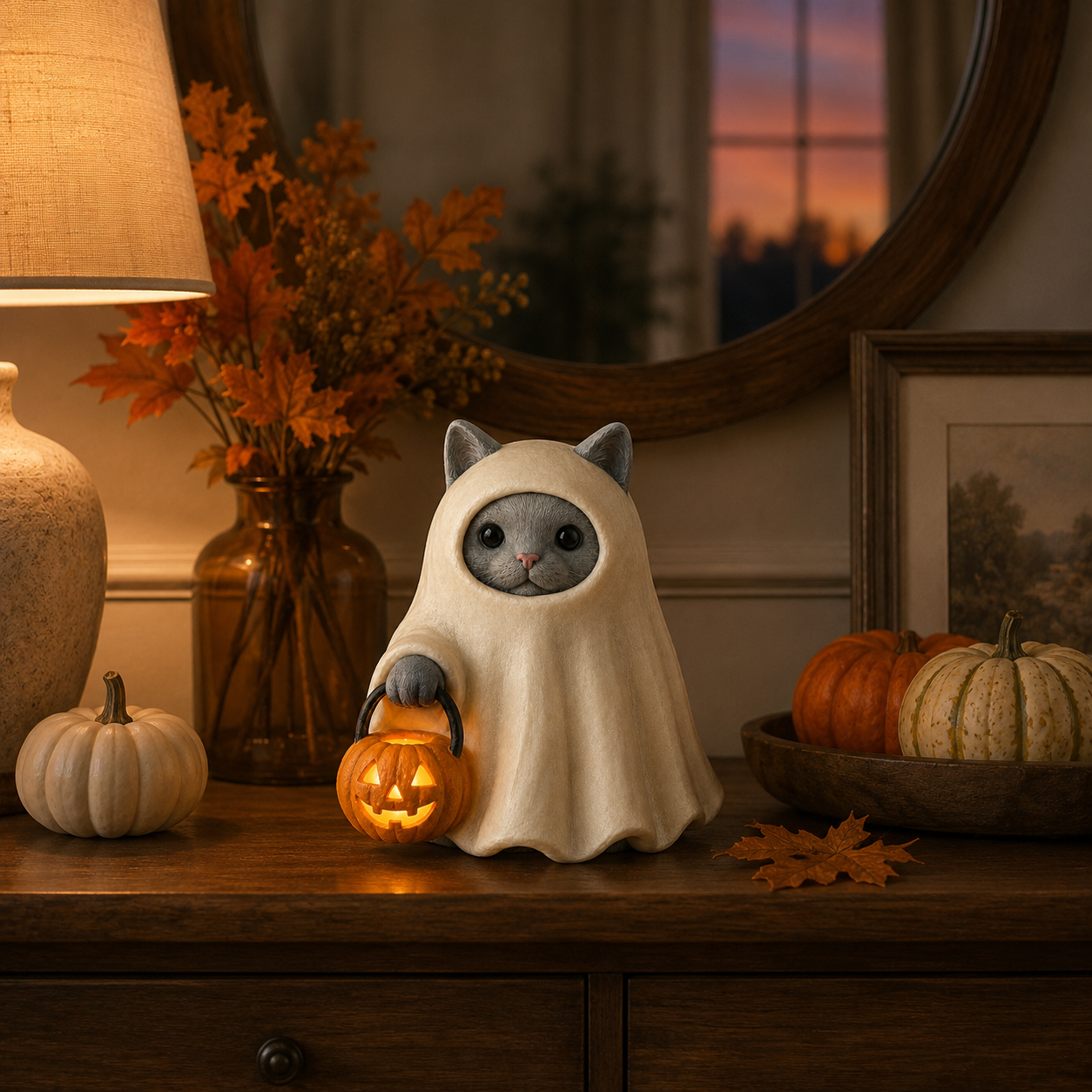 Lighted Ghost Cat Pumpkin Statue